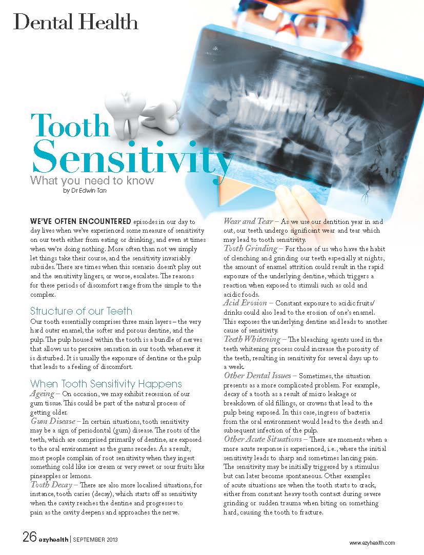 Ezyhealth Magazine, September 2013 issue: “Tooth Sensitivity – What you need to know”