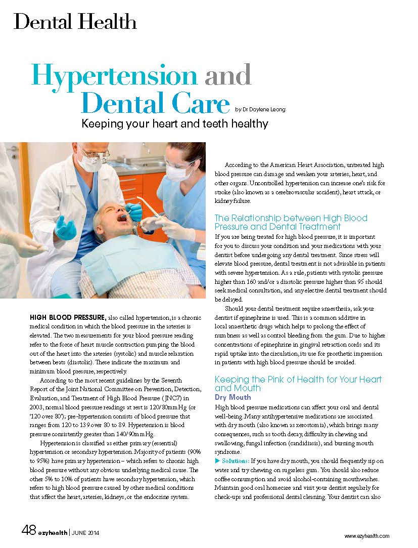 Ezyhealth Magazine, June 2014 issue: “Hypertension and Dental Care – Keeping your heart and teeth healthy”